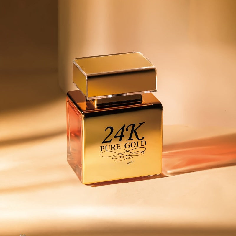 Close-up of 24K Pure Gold Women's Perfume with a shimmering finish